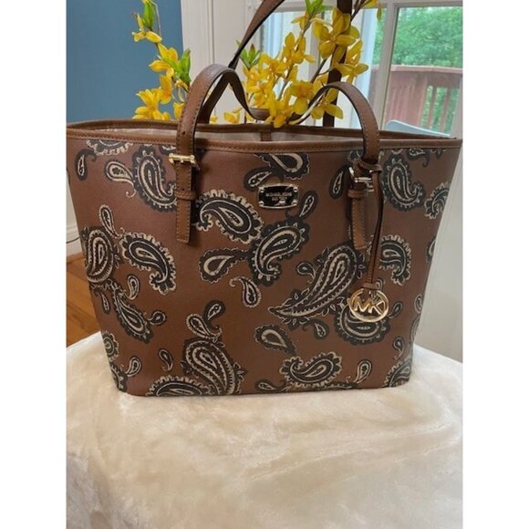MICHAEL KORS Emry Tote Brown Paisley Print Leather Bag